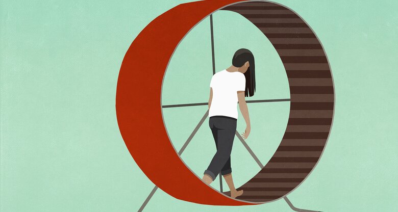 Grafik einer Frau, die müde in einem Hamsterrad läuft | © 	GettyImages/Malte Mueller