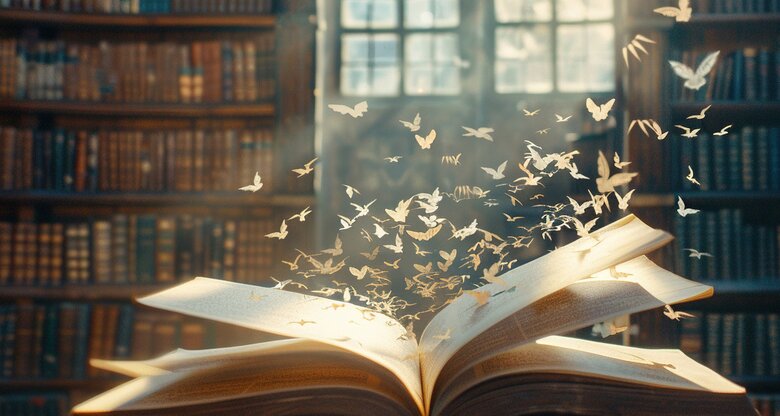 Aufgeschlagenes magisches Buch, im Hintergrund Bücherregale zu sehen | © AdobeStock/Ika Puput/Mit KI generiert
