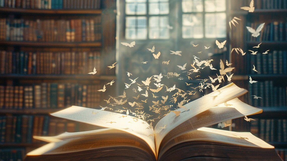 Aufgeschlagenes magisches Buch, im Hintergrund Bücherregale zu sehen | © AdobeStock/Ika Puput/Mit KI generiert