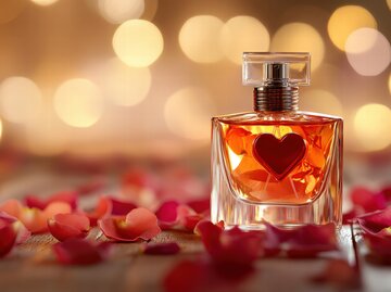 Parfumflakon mit Herzsymbol und Blütenblätter außenrum | © AdobeStock/Mit KI generiert