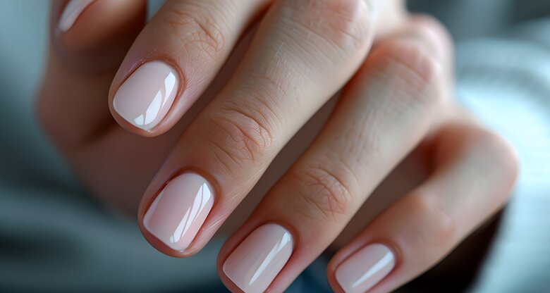 Hand mit kurzen, milchig lackierten Nägeln | © AdobeStock/Iryna/Mit KI generiert
