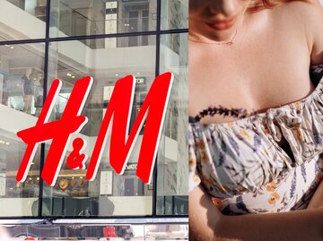 Logo H&M und Nahaufnahme einer Frau mit einem Milchmädchenkleid | © Adobe Stock/Mariakray / GettyImages/Andrii Medvediuk