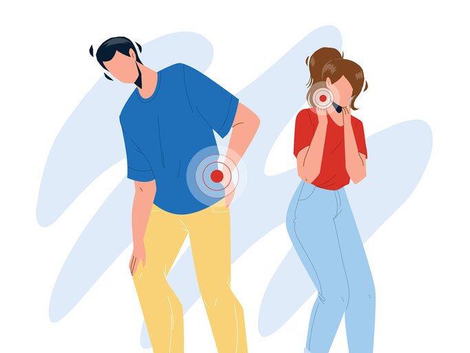 Illustration von einem Mann mit Rückenschmerzen und einer Frau mit Nackenschmerzen | © gettyimages.de | Pavel Sevryukov